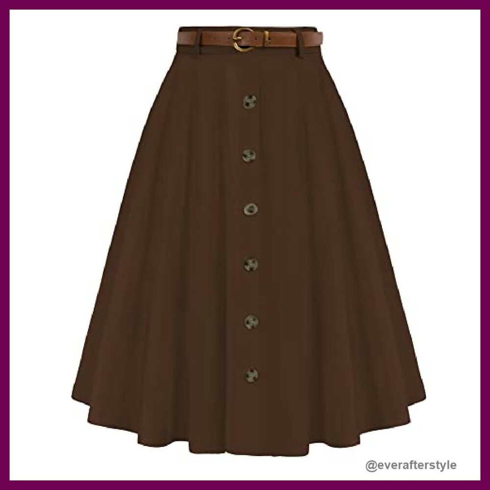 Vintage Stretch High Waist A-Line Flared Midi Skirt with Pockets & Belt - Picture 2 of 8
